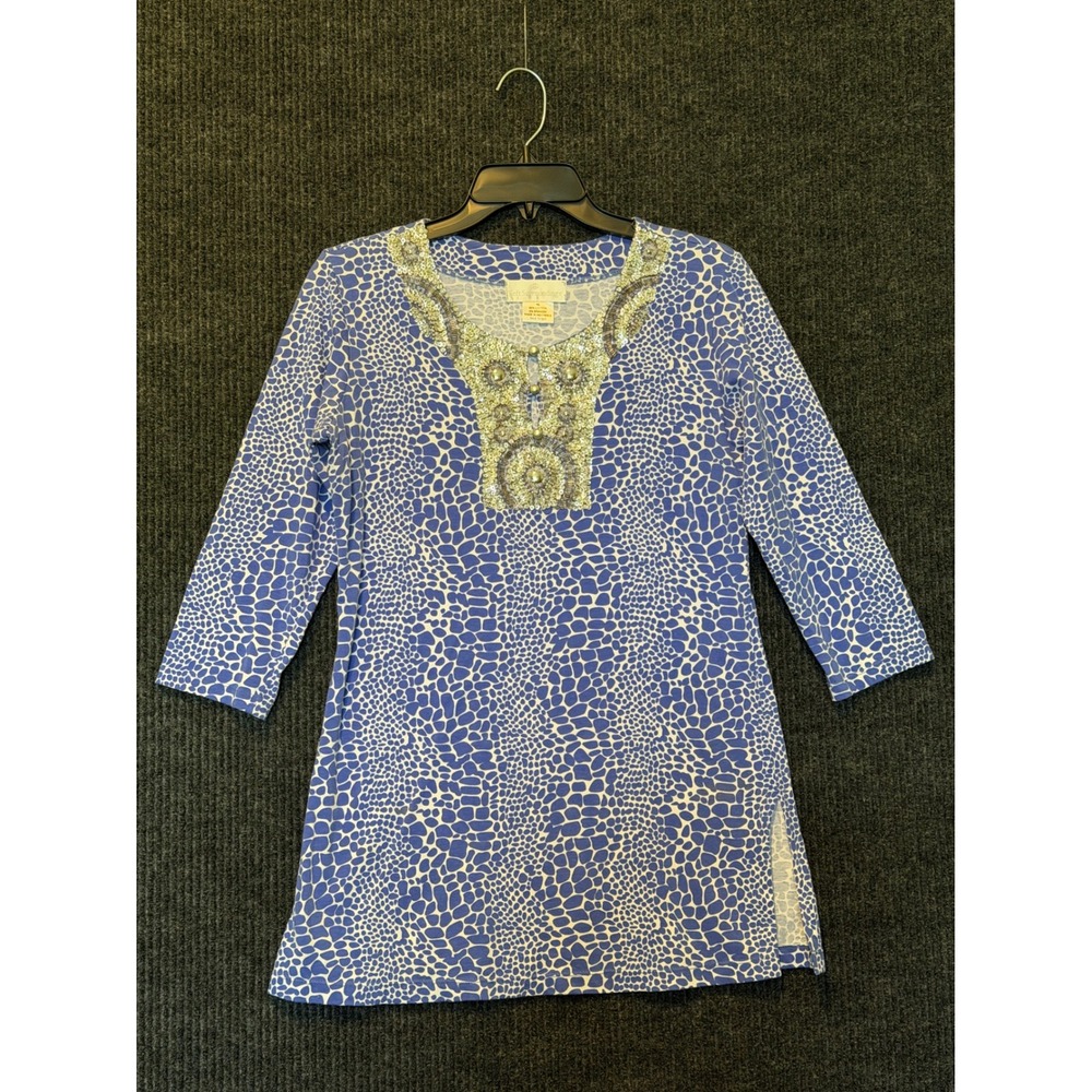 Soft Surroundings Blue Giraffe Print Embellished Sequin Tunic Top XS 3/4 Sleeve